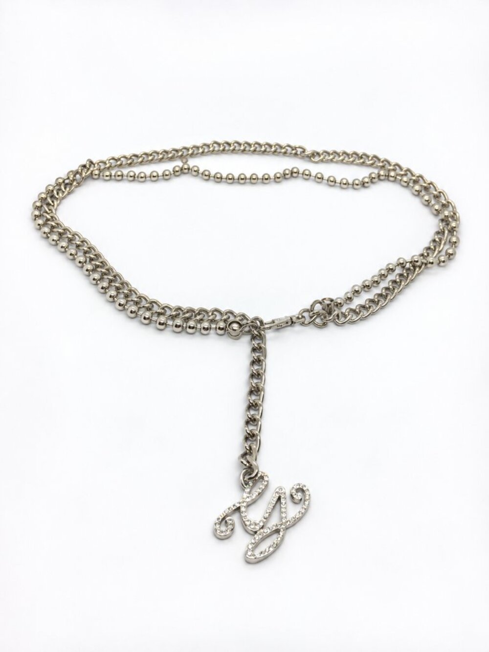 GUESS CHAIN BELT Y2K Silver Tone Rhinestone G Logo Multi Strand Ball Curb 39"